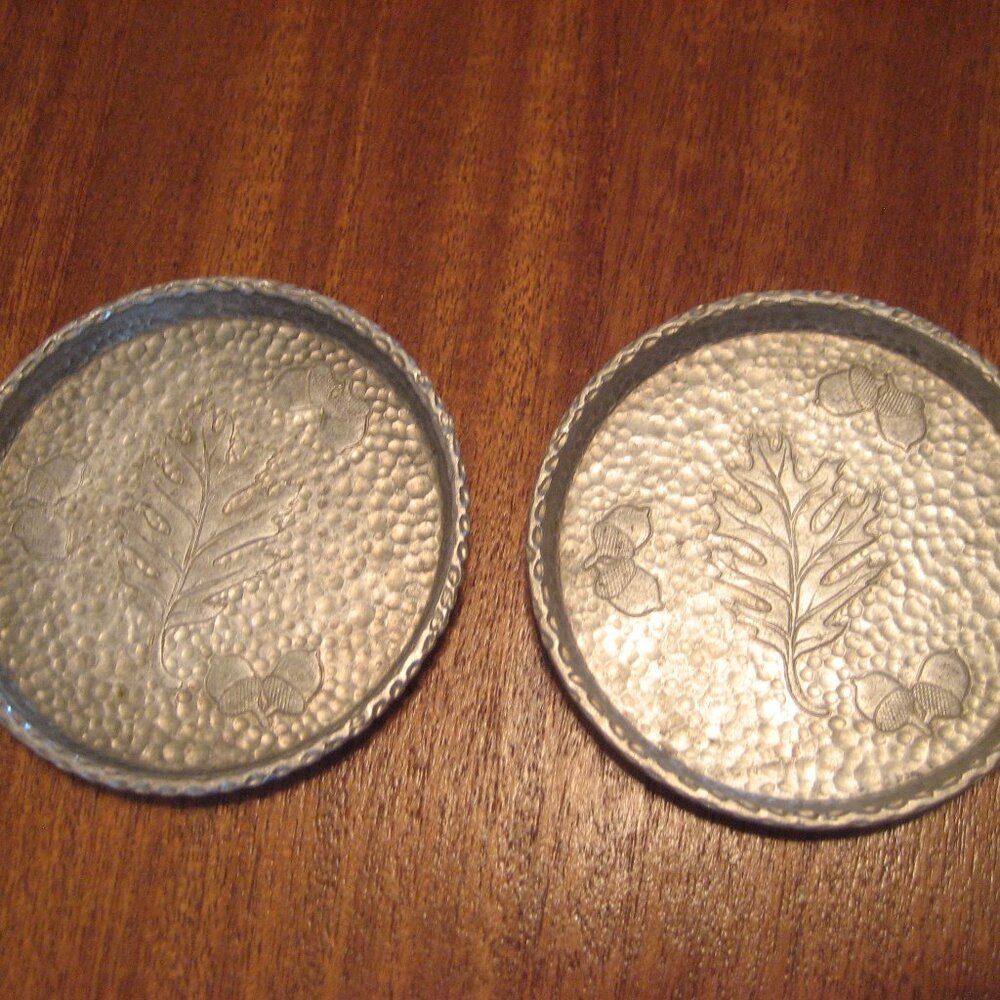 Set vintage aluminum acorn & oak leaf Autumn Fall MCM coasters West Bend silver